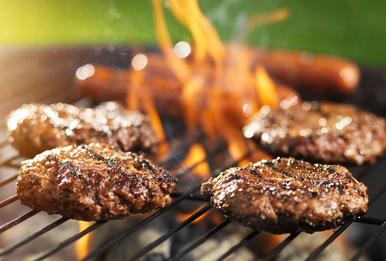 Hamburgers, hot dogs on the grill